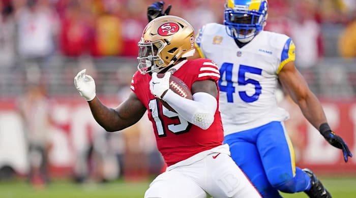 Oct 3, 2022; Santa Clara, California, USA; San Francisco 49ers wide receiver Deebo Samuel (19) runs with the ball against the Los Angeles Rams during the second quarter at Levi’s Stadium.